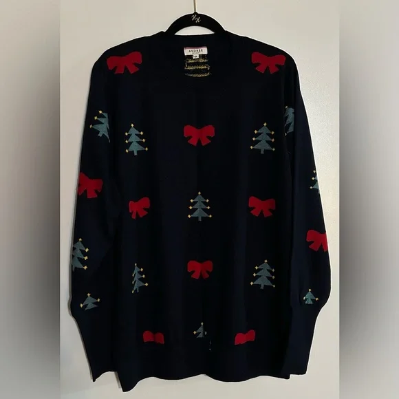 Unique Vintage Navy Christmas Tree & Red Bow Pattern Sweater NWOT 1X - Picture 2 of 8
